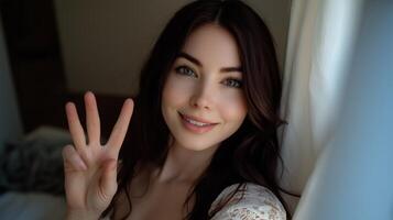 A young woman smiling and making a peace sign while sitting by the window in a cozy room during the daytime photo