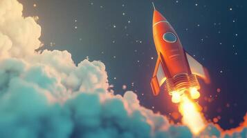 A bright red rocket launching through clouds into a starry sky at dusk on a clear evening photo