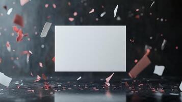 Colorful confetti falling around a blank card on a dark surface, creating a vibrant and festive atmosphere during a celebration photo