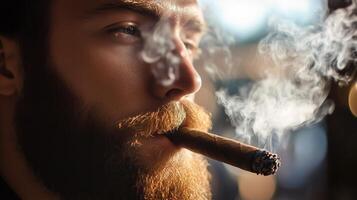 A man enjoys a cigar while relaxing in a cozy lounge during the evening hours with soft lighting photo