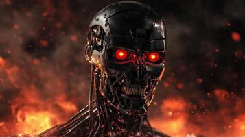 A futuristic robot with glowing red eyes emerges from flames in a dystopian landscape showcasing advanced technology and AI themes photo