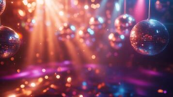 Vibrant disco lights and mirrored balls create an energetic atmosphere in a lively dance club setting at night photo