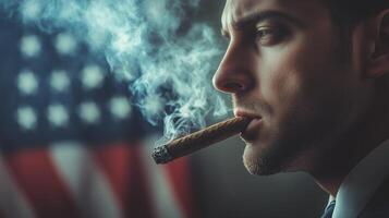 A man smokes a cigar in front of an American flag, exuding confidence and contemplation in a dimly lit setting photo