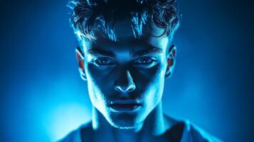 A young man with striking features poses against an intense blue background capturing an intriguing, moody atmosphere in a studio setting photo