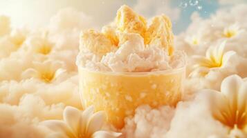 Delicious dessert featuring whipped cream and tropical flavors surrounded by soft clouds and flowers in a serene setting photo