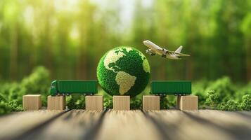 A model of a green globe with trucks and an airplane emphasizing sustainable transportation in a natural setting photo