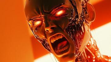 A futuristic humanoid robot with glowing eyes expresses anger in a cybernetic setting with warm lighting and intricate details in design photo