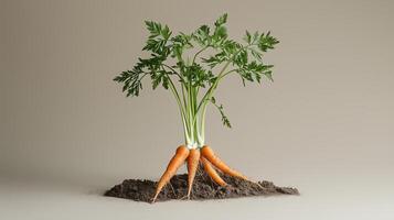 Freshly harvested carrots with green tops displayed on soil against a neutral backdrop in a minimalistic setting photo