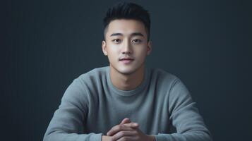 A young man sitting quietly with hands clasped, showcasing a calm demeanor in a softly lit studio setting photo