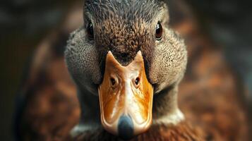 A close-up of a duck with intricate feather details, showcasing its vibrant colors near a calm water surface during the golden hour of sunset photo
