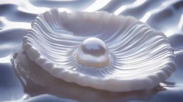 A shimmering pearl resting on a delicate shell in soft light on tranquil water photo