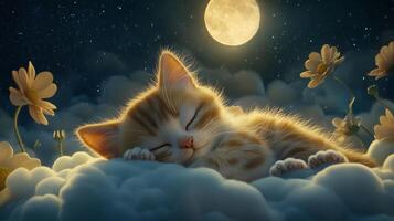 A sleeping kitten nestled in soft clouds under a bright moon, surrounded by flowers in a tranquil night sky photo