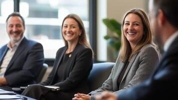 Business professionals engaging in a collaborative meeting at an office in the afternoon, sharing insights and discussing strategies photo