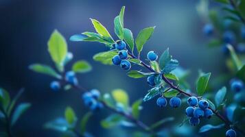 Fresh blueberries grow in clusters on vibrant green branches in the early morning light in a serene garden setting photo