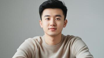 Young man in a neutral sweater sitting casually indoors against a plain background with a calm expression during a day in the city photo