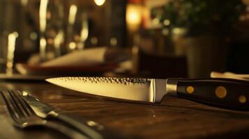 A close-up view of a sharp kitchen knife resting on a rustic wooden table in a warmly lit restaurant setting photo