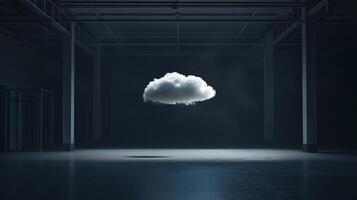A floating cloud in an empty warehouse illuminated by soft lighting during twilight hours photo