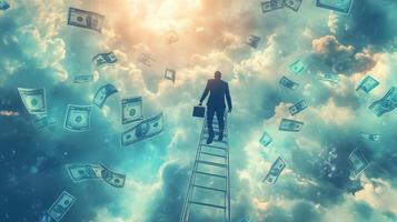 A businessman climbs a ladder toward the clouds surrounded by floating money in a surreal scene representing success and ambition photo