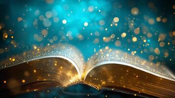 An open book radiates golden light against a shimmering blue backdrop, creating a magical atmosphere for reading and inspiration photo