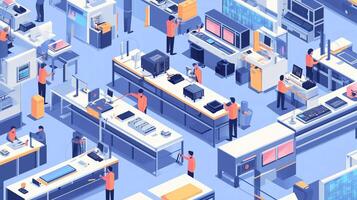 A busy technology assembly line with workers assembling electronic devices in a modern industrial facility during daylight hours photo