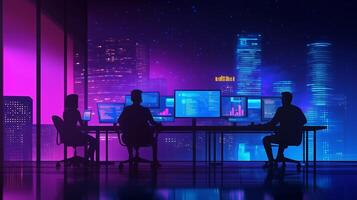 Professionals analyzing data with glowing screens in a high-tech office at night in a vibrant city skyline photo