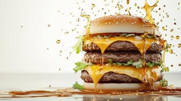 A towering cheeseburger with cascading cheese and lettuce surrounded by splashes of golden syrup photo