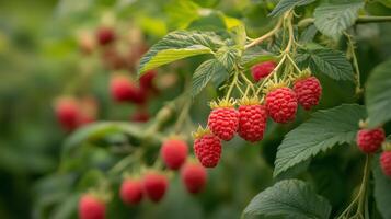 Bountiful raspberry bushes laden with ripe berries ready for harvesting in a summer garden setting photo
