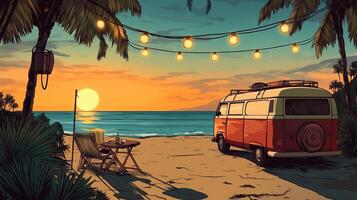 A vintage camper van parked on a beach at sunset with string lights draping palm trees and calm ocean waves in the background photo