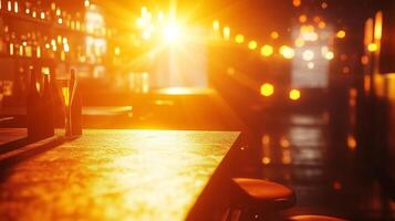 Warm evening glow in a cozy bar with illuminated bottles and soft lighting creating a welcoming atmosphere photo