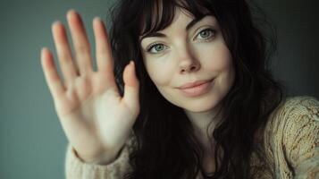 A smiling woman waves hello in a cozy indoor setting, showcasing natural light and a warm atmosphere in the early afternoon photo