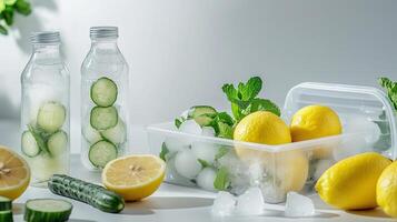 Refreshing summer drink preparation with lemons, cucumbers, and mint beside ice cubes on a clean kitchen counter photo