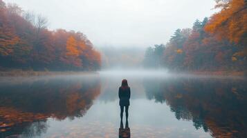 A solitary figure stands in calm water surrounded by colorful autumn foliage at dawn in a misty forest setting photo