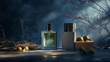 Elegant glass perfume bottles artfully arranged on a wooden surface with branches and olives, illuminated by soft natural light photo