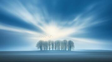 A serene landscape at dawn with a cluster of trees under a dramatic sky illuminated by soft sunlight and flying birds photo
