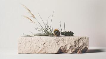 Natural arrangement of succulents and grasses on a stone surface showcasing minimalist design aesthetics photo
