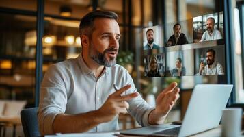 Man engaging in virtual meeting with diverse colleagues on a laptop in a modern office setting during daylight hours photo