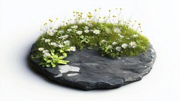 Daisy-covered stone with vibrant green grass and wildflowers in natural setting under soft light photo