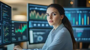 Young professional analyzing financial data on multiple computer screens in a modern office during business hours photo