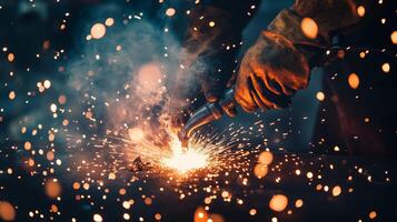 A welder creates sparks and illuminates the workshop while working on metal fabrication in a vibrant environment photo