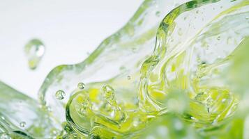 Sparkling green liquid creating dynamic waves and bubbles in a close-up shot with bright lighting and a smooth backdrop photo