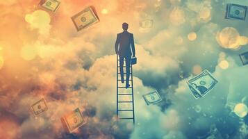A businessman climbs a ladder toward the clouds while dollar bills float in a dreamlike sky, symbolizing ambition and financial aspirations photo