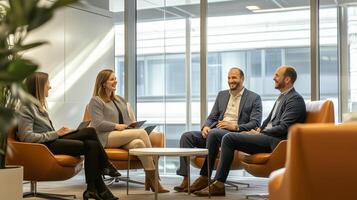 Business discussion among colleagues in a modern office setting during the day with natural light photo