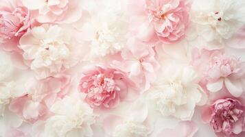 Delicate pink and white peonies arranged beautifully on a soft background, creating a serene floral composition ideal for springtime photo