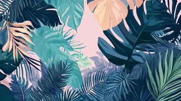 Colorful tropical leaves arranged in a dense pattern creating a vibrant backdrop for a summer-themed design photo