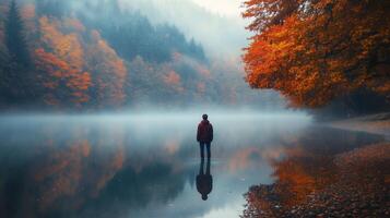 A serene moment by the misty lake in autumn, surrounded by vibrant trees and soft reflections at dawn photo