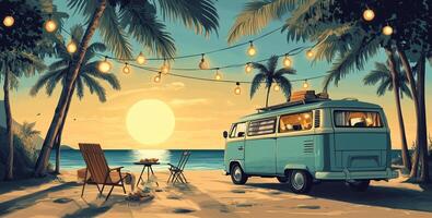 A serene beach sunset with a vintage camper van and twinkling lights creating a cozy atmosphere at a tropical location photo