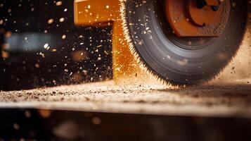 High-speed circular saw cutting through wood, creating sawdust in a workshop during daylight hours photo
