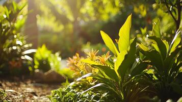 Morning sunlight illuminates lush greenery in a serene garden, highlighting vibrant leaves and plants in full bloom photo