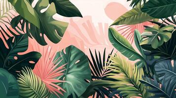 A vibrant arrangement of tropical leaves in various shades of green against a soft pastel background, creating a lively and refreshing atmosphere photo