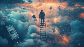 A man climbs a ladder into a dreamlike sky scattered with money and clouds, symbolizing aspiration and wealth photo